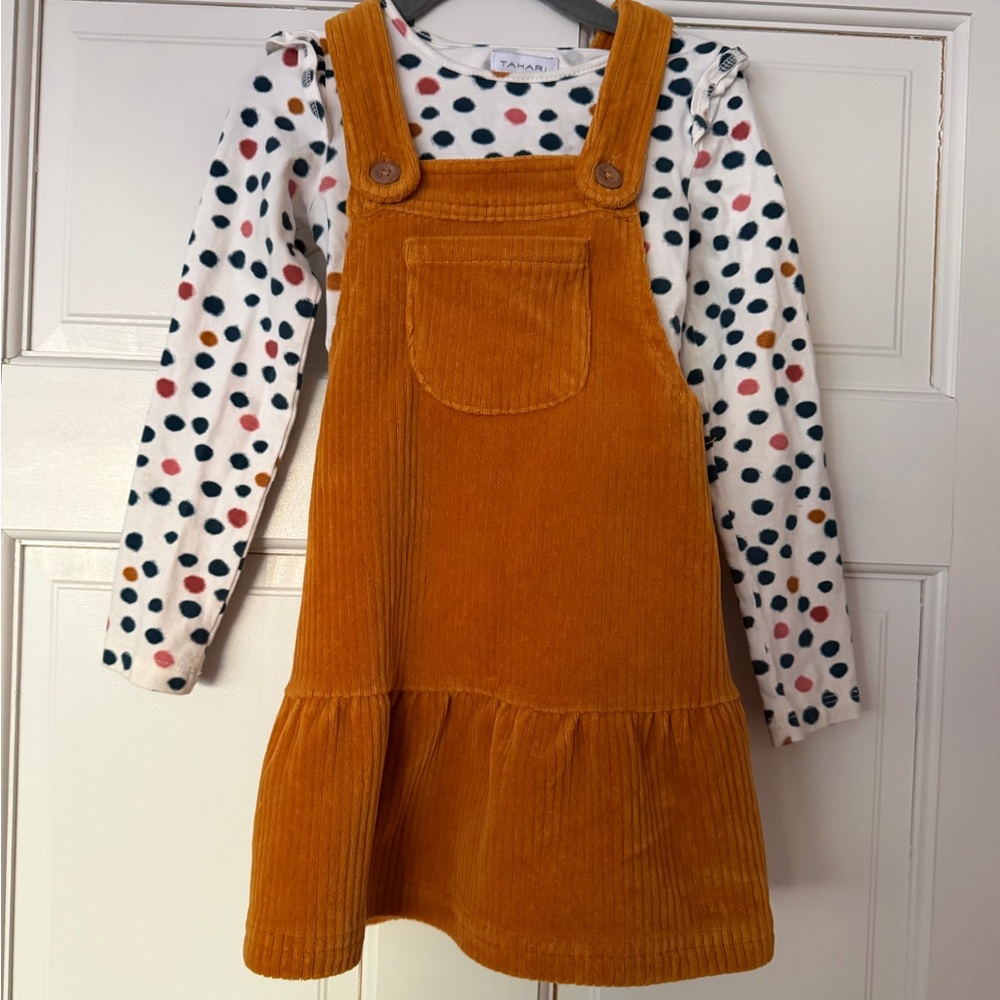 Tahari 2T Mustard Corduroy Pinafore Dress with Polka Dot Top